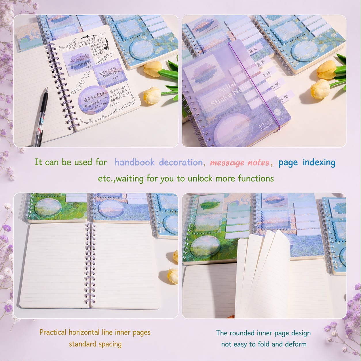 Artistic Spiral Notebook with Sticky Notes | Artist Oil Painting Series | Monet & Van Gogh Inspired
