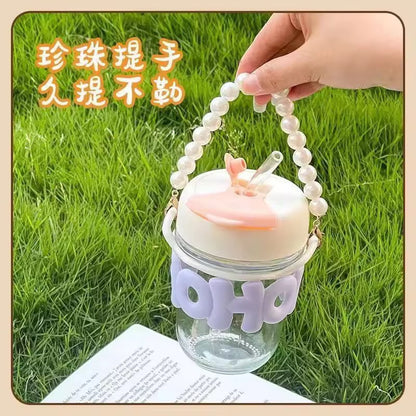 Kawaii Glass Pearl Handle Sipper with Straw – 3D Letter Lid