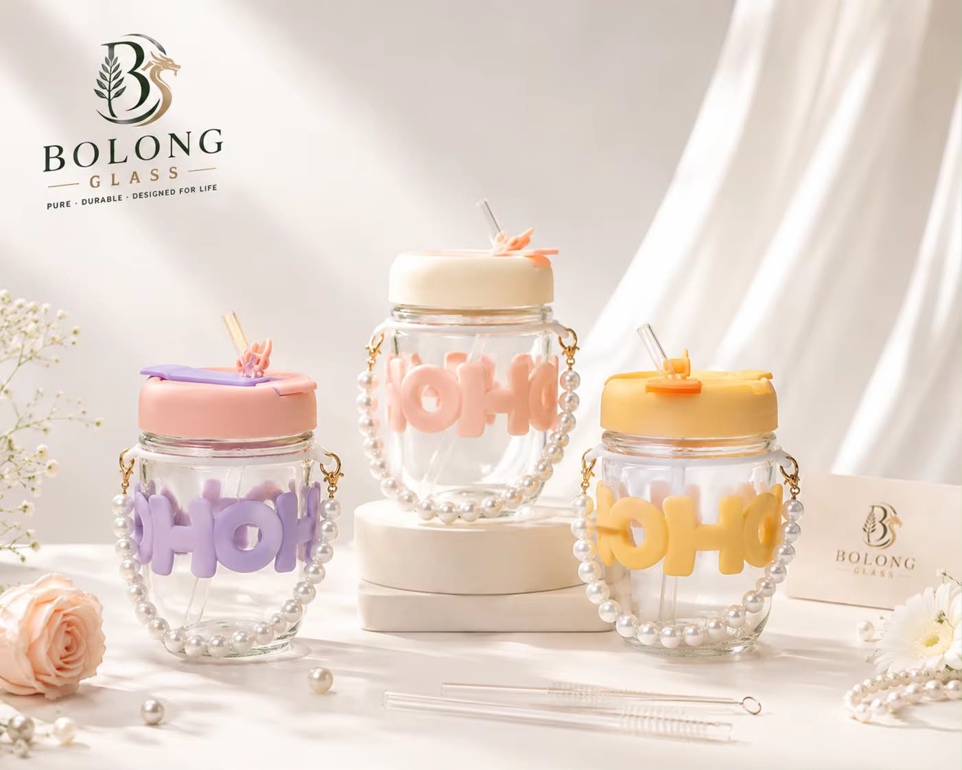 Kawaii Glass Pearl Handle Sipper with Straw – 3D Letter Lid