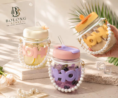 Kawaii Glass Pearl Handle Sipper with Straw – 3D Letter Lid