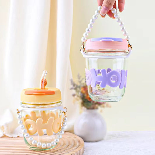 Kawaii Glass Pearl Handle Sipper with Straw – 3D Letter Lid