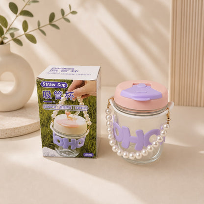Kawaii Glass Pearl Handle Sipper with Straw – 3D Letter Lid