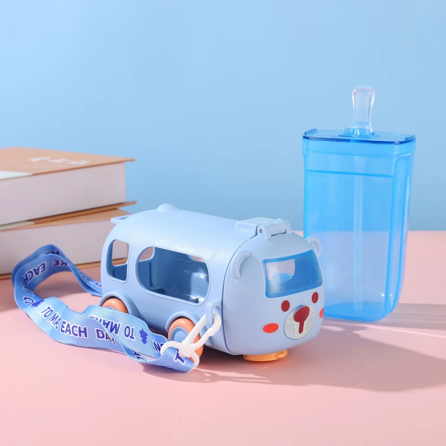 Kawaii Bus Sipper Bottle with Crossbody Strap