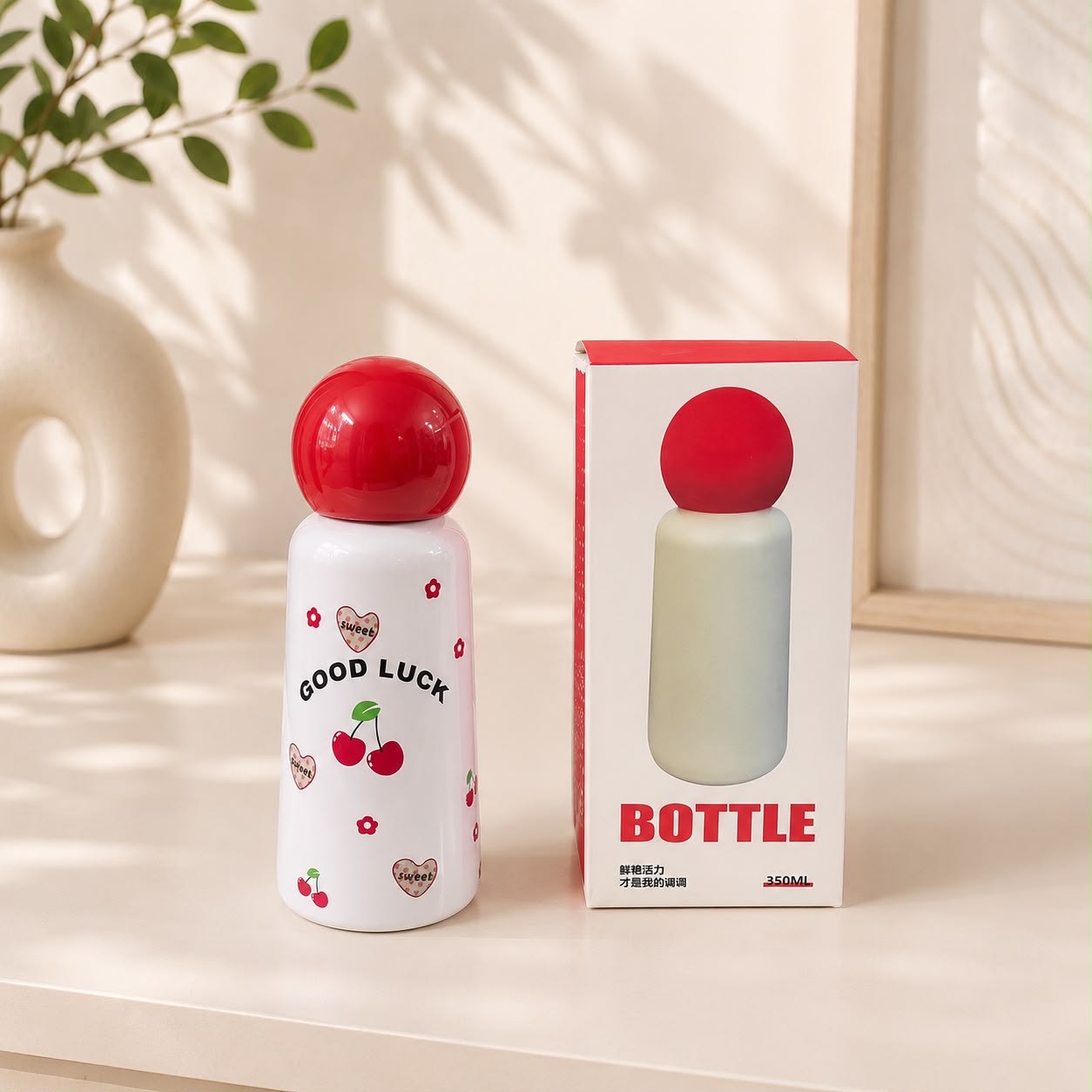 Kawaii Mushroom Cap Vacuum Insulated Bottle – Cute Fruit Print Thermos
