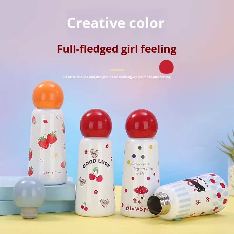 Kawaii Mushroom Cap Vacuum Insulated Bottle – Cute Fruit Print Thermos