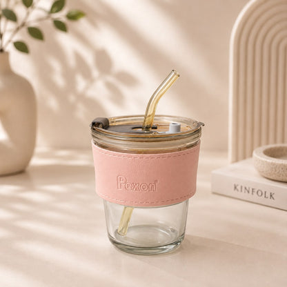Pexon Grip Glass Sipper with Leather Sleeve & Glass Straw
