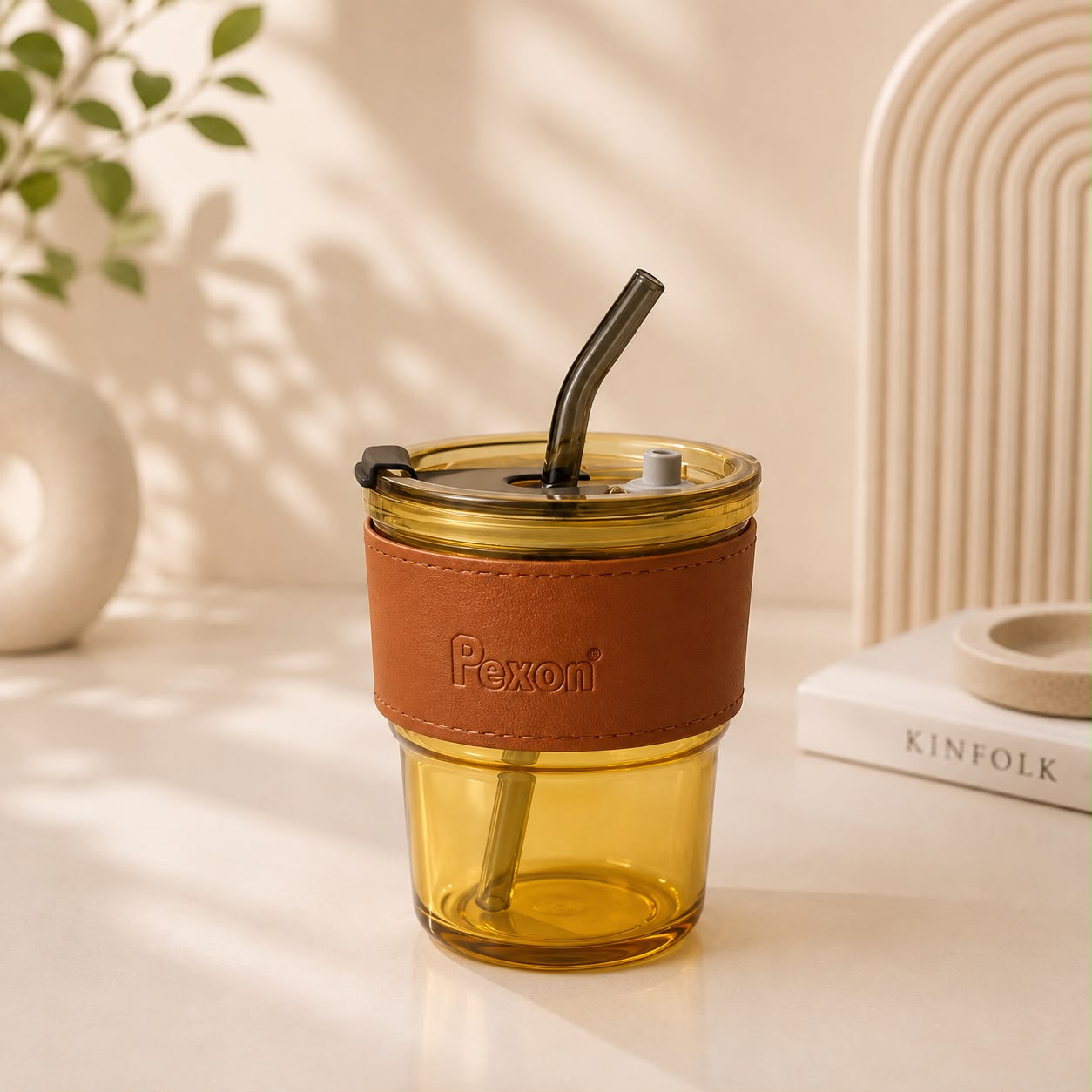 Pexon Grip Glass Sipper with Leather Sleeve & Glass Straw