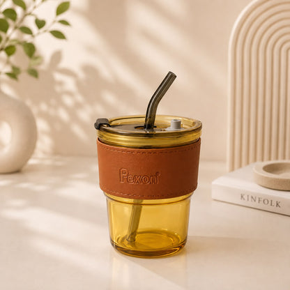 Pexon Grip Glass Sipper with Leather Sleeve & Glass Straw