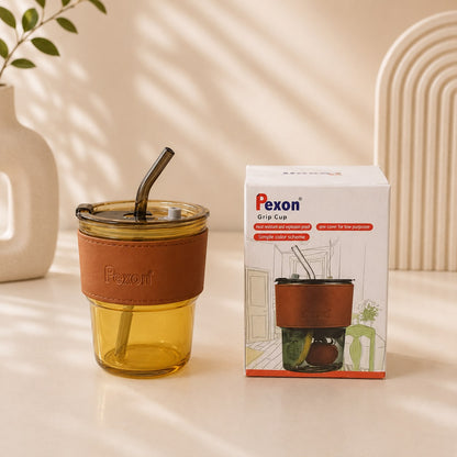 Pexon Grip Glass Sipper with Leather Sleeve & Glass Straw