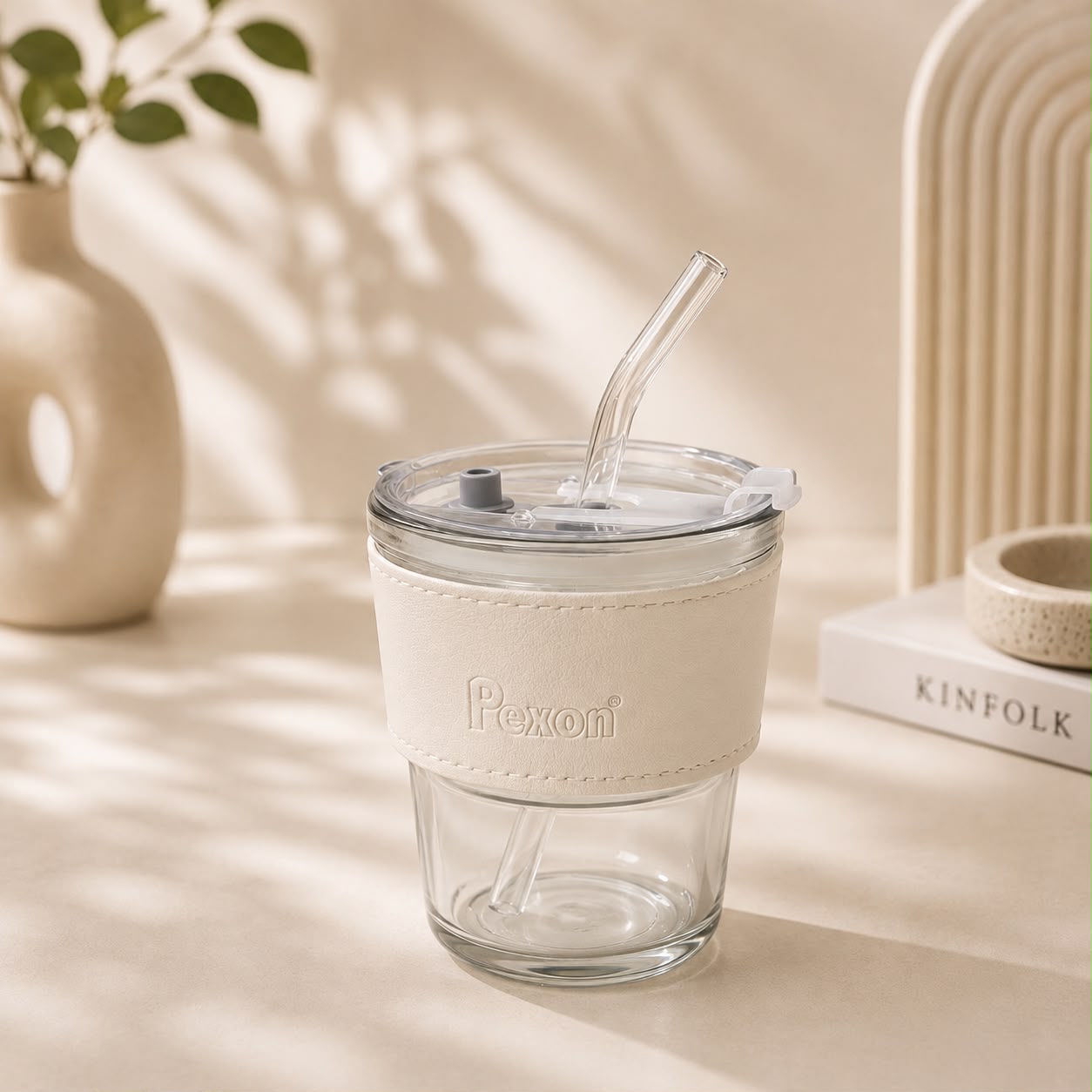 Pexon Grip Glass Sipper with Leather Sleeve & Glass Straw
