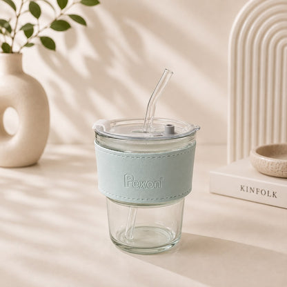 Pexon Grip Glass Sipper with Leather Sleeve & Glass Straw