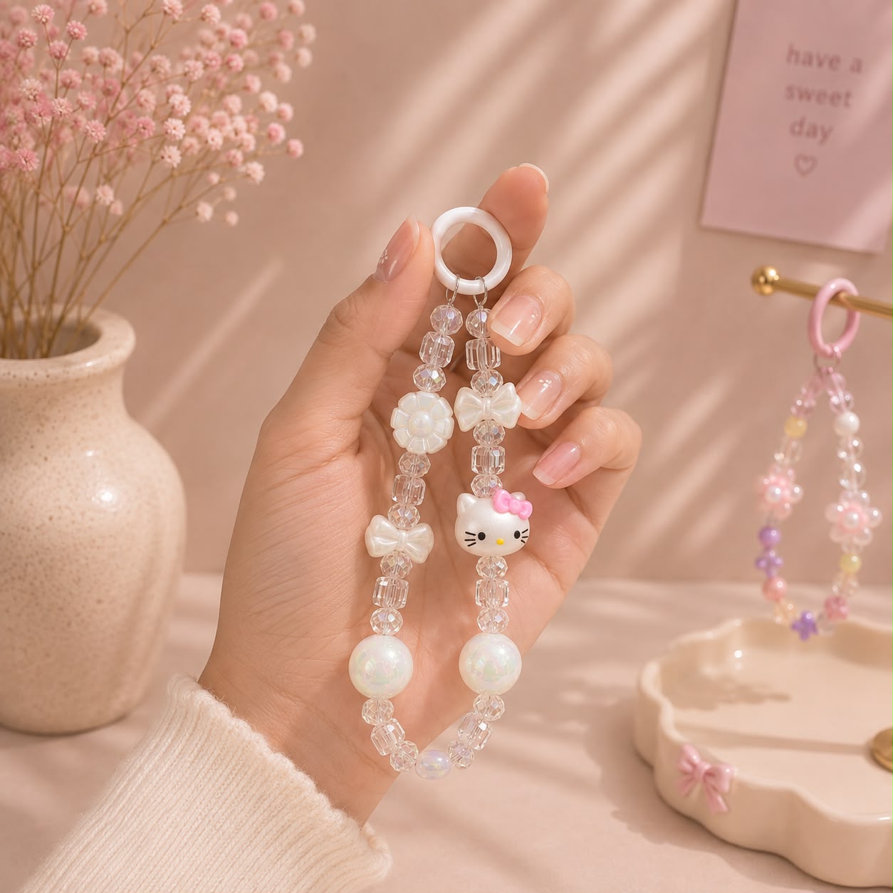 Kawaii Beaded Phone Charms - Hello Kitty & Daisy Flower Wrist Strap
