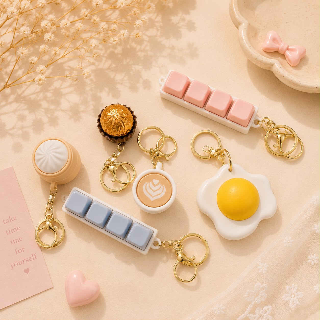 Kawaii Clicker Keychains | Aesthetic | Dumpling, Coffee, Ferrero, Egg, Keyboard