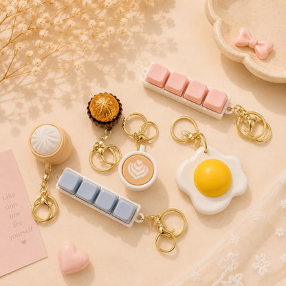 Kawaii Clicker Keychains | Aesthetic | Dumpling, Coffee, Ferrero, Egg, Keyboard