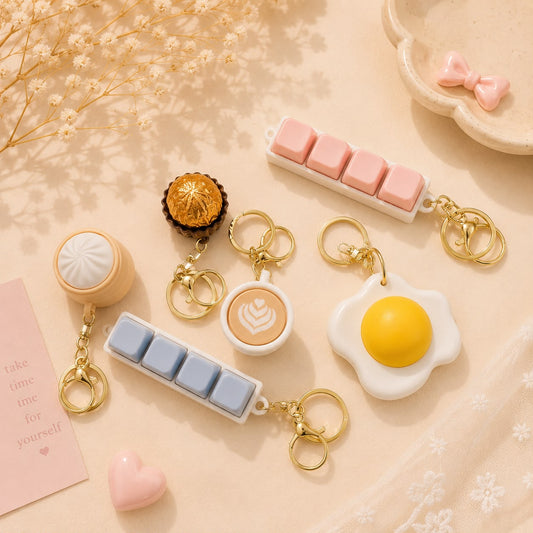 Kawaii Clicker Keychains | Aesthetic | Dumpling, Coffee, Ferrero, Egg, Keyboard