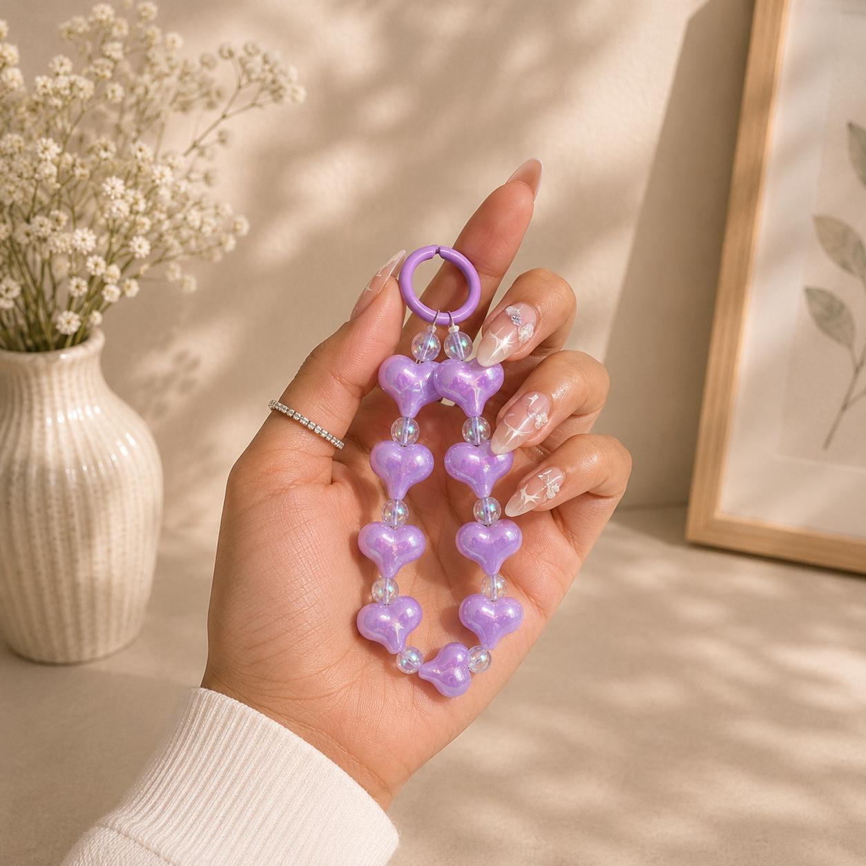 Phone Charm | Puffy Heart Beaded - Cute Loop Wrist Strap Accessory