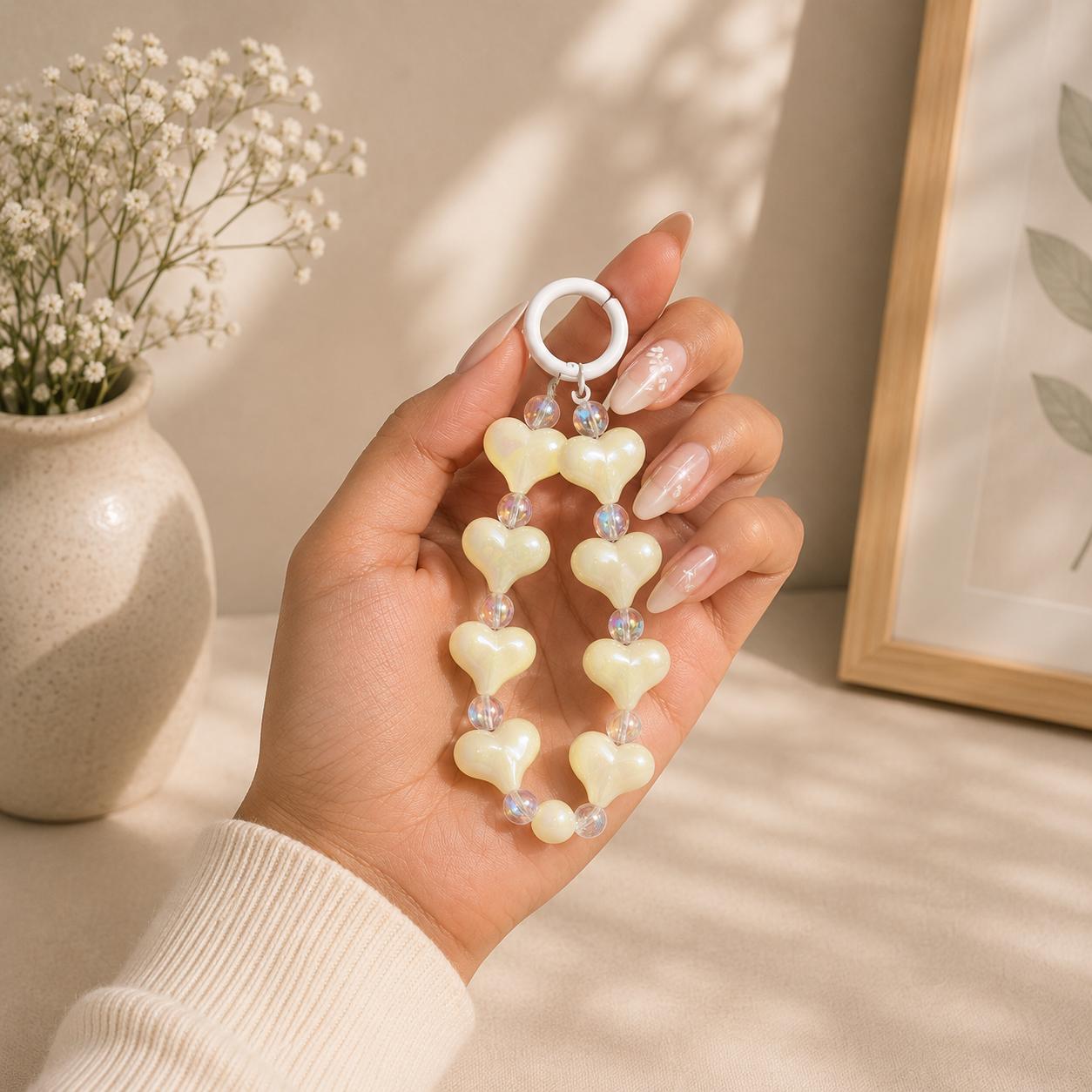 Phone Charm | Puffy Heart Beaded - Cute Loop Wrist Strap Accessory