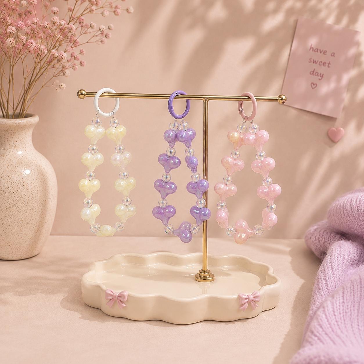 Phone Charm | Puffy Heart Beaded - Cute Loop Wrist Strap Accessory