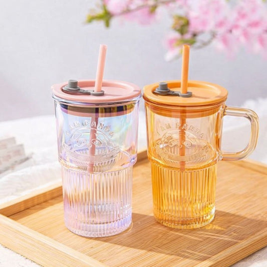 Panda Glass Mug with Straw & Lid 400ml