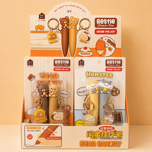 Kawaii Bestie Magnetic Charm Gel Pen Set | Pack of 2 | Bear & Hamster Charms