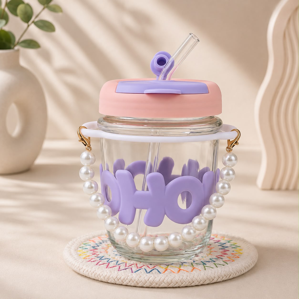 Kawaii Glass Pearl Handle Sipper with Straw – 3D Letter Lid