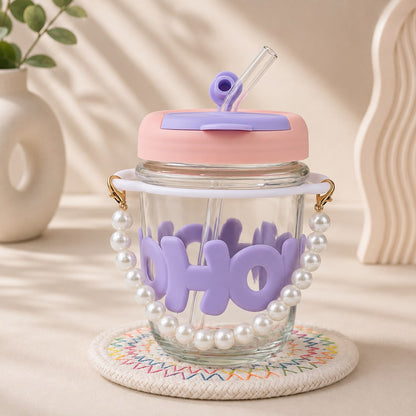 Kawaii Glass Pearl Handle Sipper with Straw – 3D Letter Lid