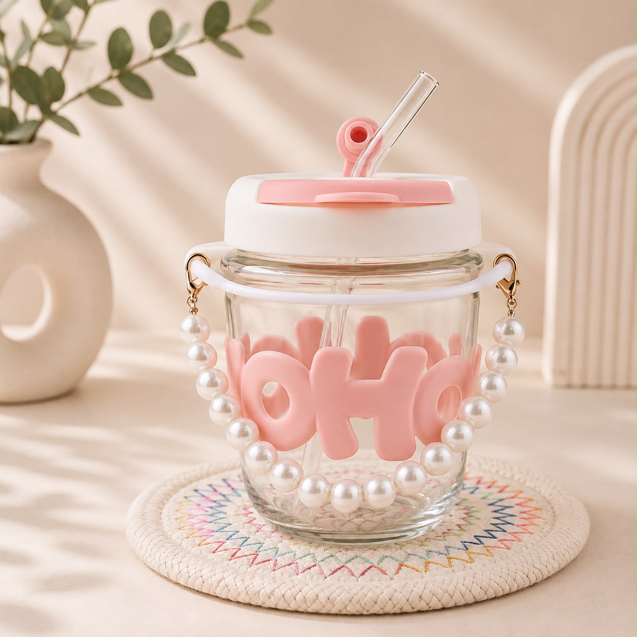 Kawaii Glass Pearl Handle Sipper with Straw – 3D Letter Lid