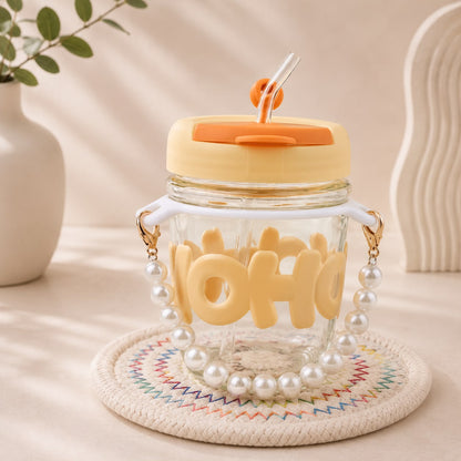 Kawaii Glass Pearl Handle Sipper with Straw – 3D Letter Lid