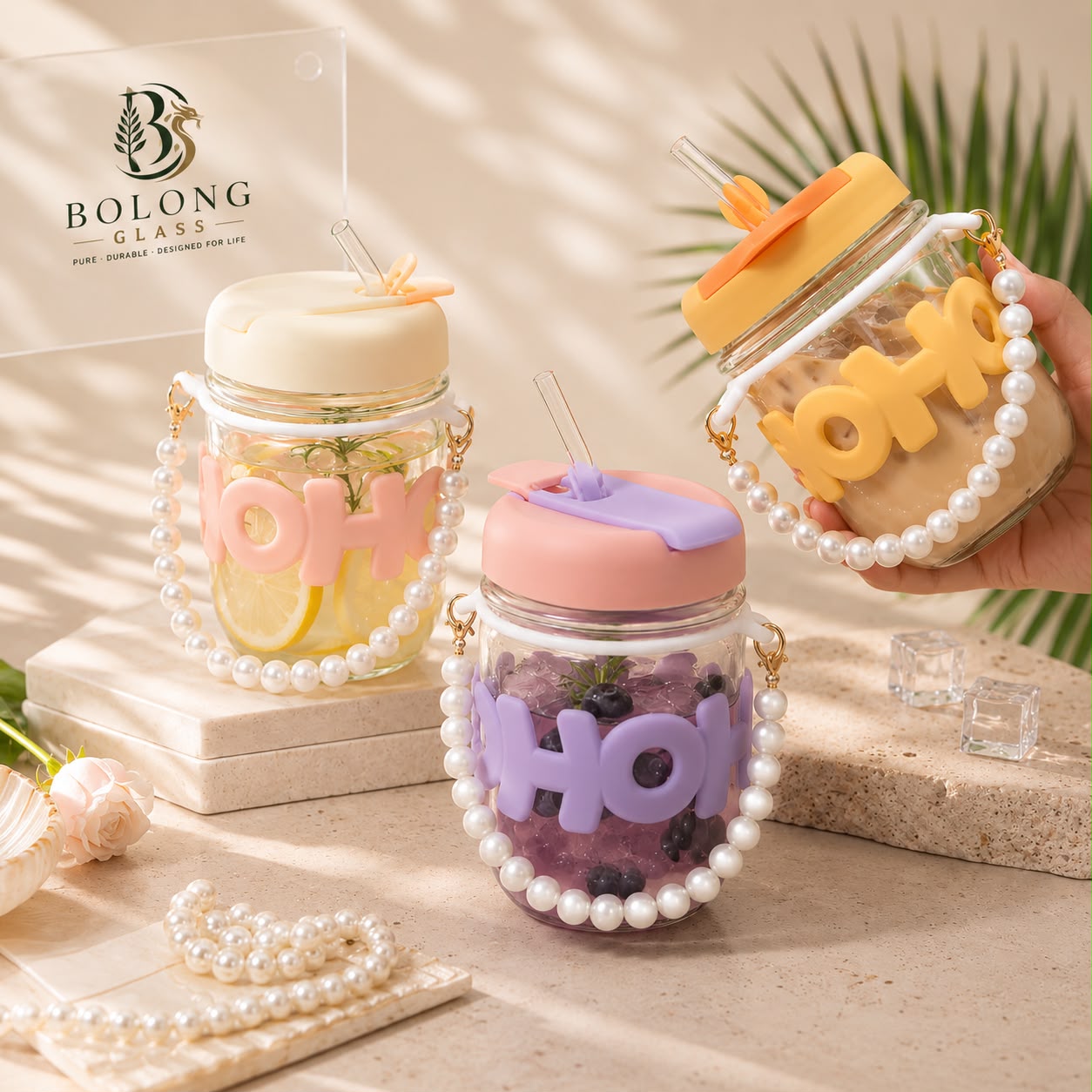 Kawaii Glass Pearl Handle Sipper with Straw – 3D Letter Lid
