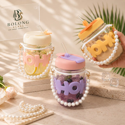 Kawaii Glass Pearl Handle Sipper with Straw – 3D Letter Lid
