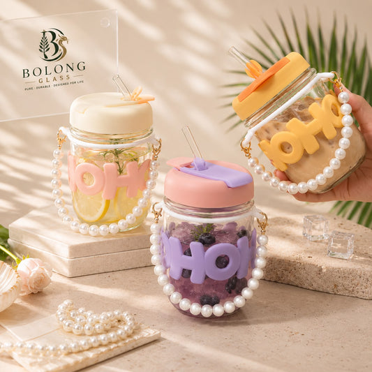 Kawaii Glass Pearl Handle Sipper with Straw – 3D Letter Lid