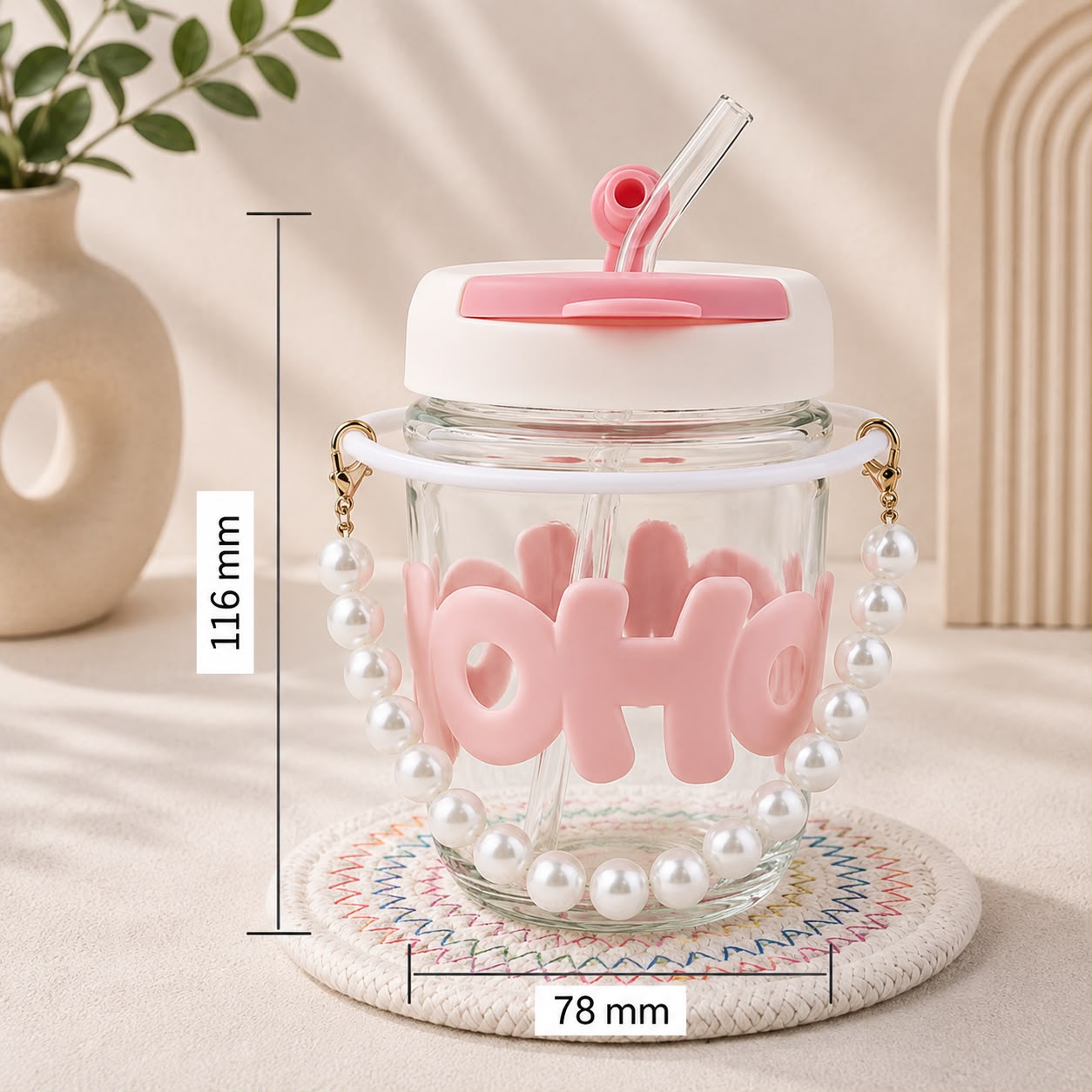 Kawaii Glass Pearl Handle Sipper with Straw – 3D Letter Lid